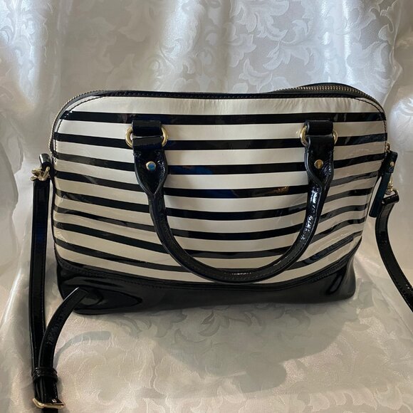 Kate Spade NY Black & White Striped Patent Leather Handbag - Picture 9 of 12